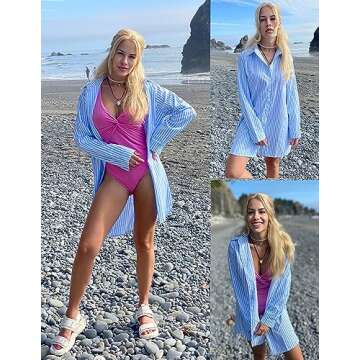 HOTOUCH Women Striped Button Down Shirts Casual Boyfriend Long Shirts Baggy Shirt (Blue Striped L)