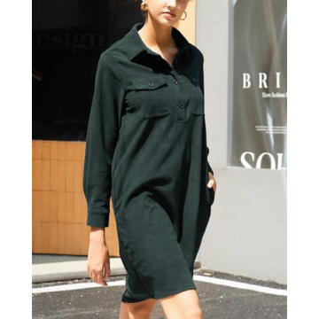 YEXPINE Women's Oversized Tunic Dress Long Sleeve Casual Button Down Corduroy Shirt Dress with Pockets Green
