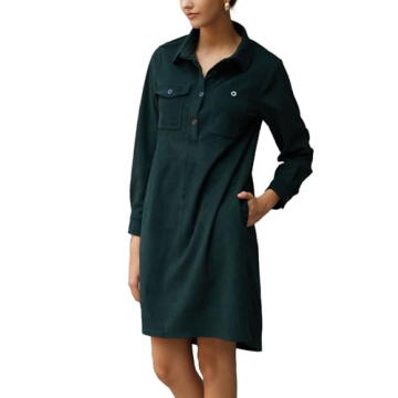 YEXPINE Women's Oversized Tunic Dress Long Sleeve Casual Button Down Corduroy Shirt Dress with Pockets Green