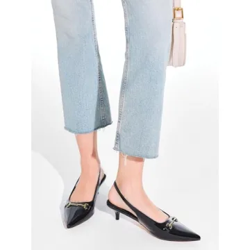 Coutgo Womens Slingback Kitten Heels Low Heel Dress Shoes Closed Pointed Toe Metal Chain Office Work Pumps, Black, Size 8