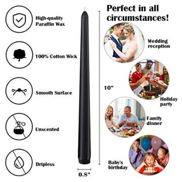 Arosky 20 Pack Black Taper Candles,7-8 Hours Burn Time,Unscented,Smokeless and Dripless,4/5x10 Inch ...