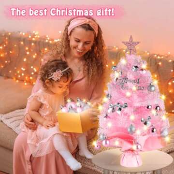 Tabletop Christmas Tree with Lights, Migaven 24inch/2ft Mini Pink Christmas Tree with Star Led Strin...