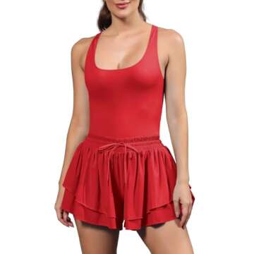 ReachMe Womens Athletic Romper One Piece Workout Dress Tennis Dresses Exercise Golf Outfits Workout Onesie Skort Rompers(1 Red,M)