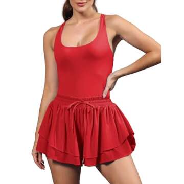 ReachMe Womens Athletic Romper One Piece Workout Dress Tennis Dresses Exercise Golf Outfits Workout Onesie Skort Rompers(1 Red,M)