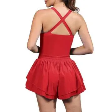 ReachMe Womens Athletic Romper One Piece Workout Dress Tennis Dresses Exercise Golf Outfits Workout Onesie Skort Rompers(1 Red,M)