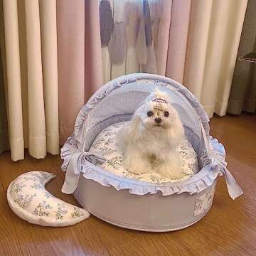 SmileyTails Pet Nest Luxury Deluxe Princess Cozy Bed Sofa Bench Dog Cat Puppy Kitten Kennel Nest Couch Cushion Items Supplies (Cradle Bed for Pets, Medium)