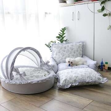 SmileyTails Pet Nest Luxury Deluxe Princess Cozy Bed Sofa Bench Dog Cat Puppy Kitten Kennel Nest Couch Cushion Items Supplies (Cradle Bed for Pets, Medium)