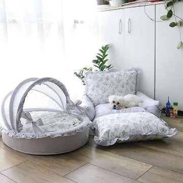 SmileyTails Pet Nest Luxury Deluxe Princess Cozy Bed Sofa Bench Dog Cat Puppy Kitten Kennel Nest Couch Cushion Items Supplies (Cradle Bed for Pets, Medium)