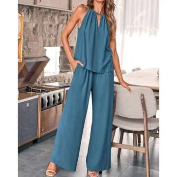BTFBM Women's Two Piece Outfits Casual Summer Cotton Linen Sets Halter Sleeveless Top Wide Leg Pants Lounge Matching Set(Solid Grey Blue, Small)