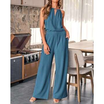 BTFBM Women's Two Piece Outfits Casual Summer Cotton Linen Sets Halter Sleeveless Top Wide Leg Pants Lounge Matching Set(Solid Grey Blue, Small)