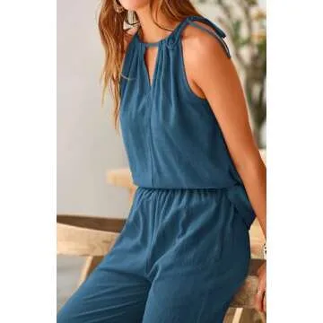 BTFBM Women's Two Piece Outfits Casual Summer Cotton Linen Sets Halter Sleeveless Top Wide Leg Pants Lounge Matching Set(Solid Grey Blue, Small)