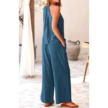 BTFBM Women's Two Piece Outfits Casual Summer Cotton Linen Sets Halter Sleeveless Top Wide Leg Pants Lounge Matching Set(Solid Grey Blue, Small)