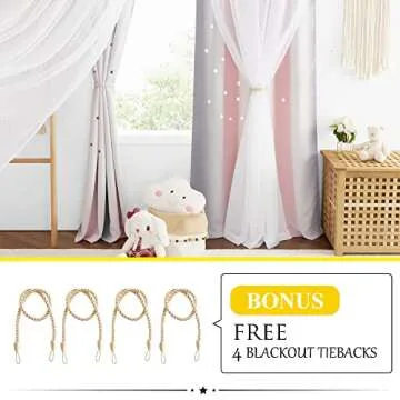 NICETOWN Curtains for Girls Bedroom Kids Curtain Hollow-Out Star Window Drapes Curtain 63 inches Length Room Darkening Grommet 2 Layers, 2 Panels, Pink & Grey, W52 x L63 inches