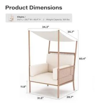 LAUSAINT HOME Oversized Patio Chair, Outdoor Furniture Accent Single Patio Sofa with Top Canopy for Sunshade, Patio Lounge Chair for Patio, Balcony - Beige