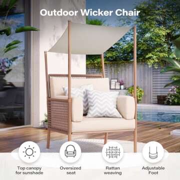 LAUSAINT HOME Oversized Patio Chair, Outdoor Furniture Accent Single Patio Sofa with Top Canopy for Sunshade, Patio Lounge Chair for Patio, Balcony - Beige