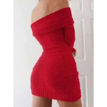 Women's 2025 Off The Shoulder Sexy Bodycon Sweater Mini Dress Fall Winter Long Sleeve Slim Fit Party Club Short Dresses Red