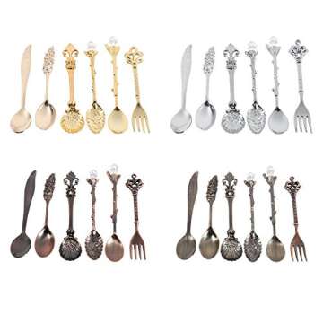 Exquisite Retro Spoons Fork Set, Royal Style Nostalgic Carved Flatware for Fruit, Coffee, Cake, dessert, Sweet Snacks etc. 6Pcs/Set(Gold)