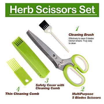 Herb Scissors with 5 Blades and Cover,Kitchen 5 Stainless Steel Blade Herb Cutting Shears Scissors, Shredding Scissors for Paper,Food Salad Herb Cilantro Cutter Mincer Chopper Garden Kitchen Gadgets