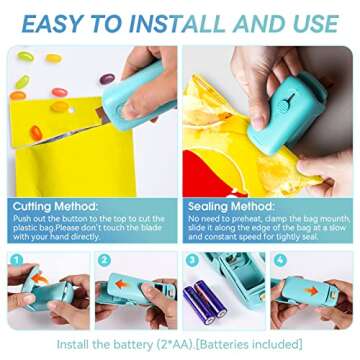 Mini Bag Sealer, ROMSTO Handheld Heat Vacuum Sealer, 2 in 1 Sealer and Cutter with Lanyard, Portable Resealer Machine for Plastic Bags Food Storage Snacks Freshness (2xAA Batteries Included)