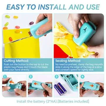 Mini Bag Sealer, ROMSTO Handheld Heat Vacuum Sealer, 2 in 1 Sealer and Cutter with Lanyard, Portable Resealer Machine for Plastic Bags Food Storage Snacks Freshness (2xAA Batteries Included)