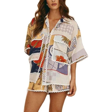 Yiulangde Women's 2 Piece Vacation Beach Rickrack Trim Outfits Casual Short Sleeve Button Pajamas Cu...