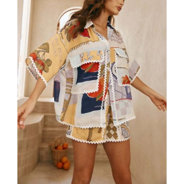 Yiulangde Women's 2 Piece Vacation Beach Rickrack Trim Outfits Casual Short Sleeve Button Pajamas Cute Lounge Pj Shirt and Shorts Sets