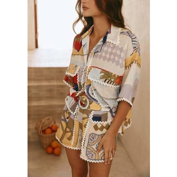 Yiulangde Women's 2 Piece Vacation Beach Rickrack Trim Outfits Casual Short Sleeve Button Pajamas Cute Lounge Pj Shirt and Shorts Sets