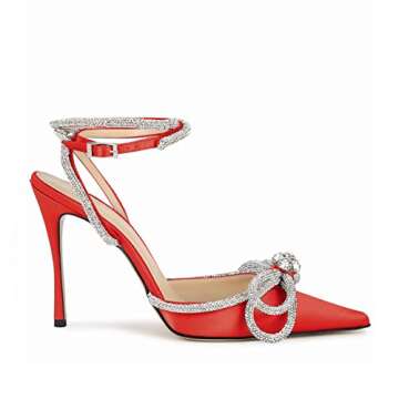 LauraVicci Women's Heeled Sandals Pointed Toe Crystal Embellished Bow Ankle Straps Rhinestone Buckle...