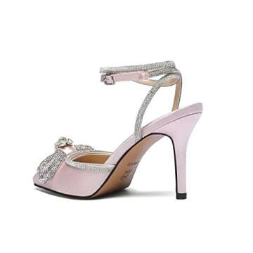 Vertundy Women's Lace up High Heeled Sandals Ankle Buckle Strap Rhinestone Bowknot Stilettos Satin Pointy Pumps (Pink,US size8)