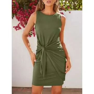 LILLUSORY Women Summer Tie Wrap Tank Short Mini Tshirt Dresses 2025 Trendy Spring Sun Vacation Outfits Casual Work Cute Bodycon Ruched Little T Shirt Sundress Clothes Army Green M