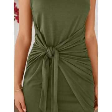 LILLUSORY Women Summer Tie Wrap Tank Short Mini Tshirt Dresses 2025 Trendy Spring Sun Vacation Outfits Casual Work Cute Bodycon Ruched Little T Shirt Sundress Clothes Army Green M