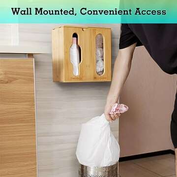 Trash Bag Dispenser & Grocery Bag Holder -2 in 1-Bamboo Plastic Bag Holder with Large Storage Capacity and Wall-Mounted Design, Grocery Garbage Bag Organizers for Kitchen and Laundry Room Organization