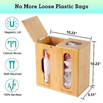 Trash Bag Dispenser & Grocery Bag Holder -2 in 1-Bamboo Plastic Bag Holder with Large Storage Capacity and Wall-Mounted Design, Grocery Garbage Bag Organizers for Kitchen and Laundry Room Organization
