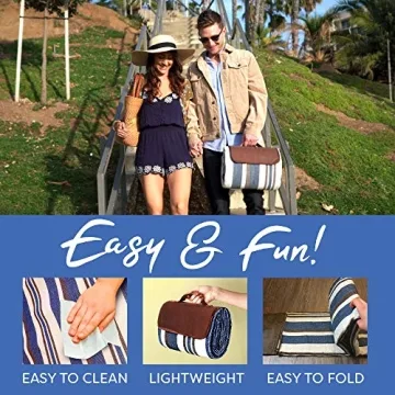 scuddles Extra Large Picnic Blankets Dual Layers Beach Blanket 60 X 60 Water-Resistant Outdoor Picnic Mat Spring Summer Blue and White Striped