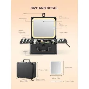 Qislee Makeup Box with A Detachable Lighted Mirror, Waterproof Travel Train Case, Cosmetic Organizer and Makeup Suitcase with Adjustable Dividers, Magnetic LED Mirror (Black)