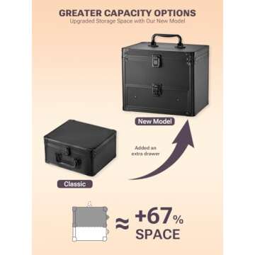 Qislee Makeup Box with A Detachable Lighted Mirror, Waterproof Travel Train Case, Cosmetic Organizer and Makeup Suitcase with Adjustable Dividers, Magnetic LED Mirror (Black)