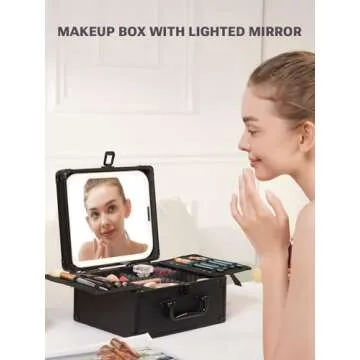 Qislee Makeup Box with A Detachable Lighted Mirror, Waterproof Travel Train Case, Cosmetic Organizer and Makeup Suitcase with Adjustable Dividers, Magnetic LED Mirror (Black)