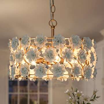 Gold Flower Chandelier, 3-Light Luxury Drum Chandelier Lighting with White Ceramic Flowers, 15.7’’ Dia Round Elegant Pendant Hanging Light Fixtures for Dining Room, Girls Room, Hallway