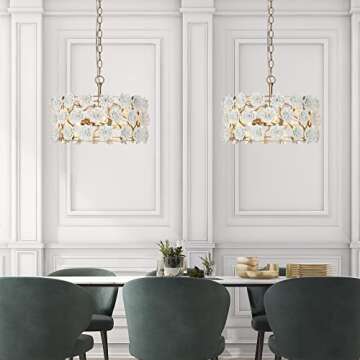 Gold Flower Chandelier, 3-Light Luxury Drum Chandelier Lighting with White Ceramic Flowers, 15.7’’ Dia Round Elegant Pendant Hanging Light Fixtures for Dining Room, Girls Room, Hallway