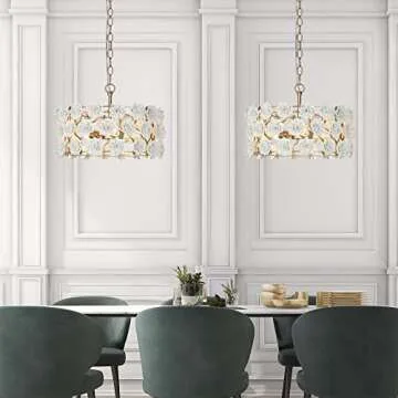 Gold Flower Chandelier, 3-Light Luxury Drum Chandelier Lighting with White Ceramic Flowers, 15.7’’ Dia Round Elegant Pendant Hanging Light Fixtures for Dining Room, Girls Room, Hallway