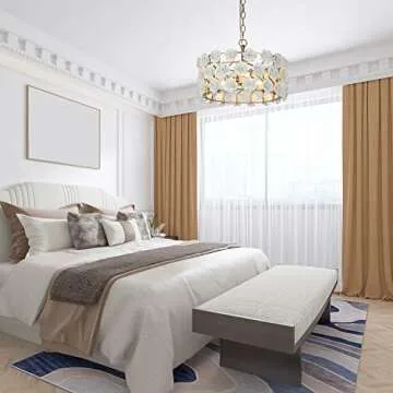 Gold Flower Chandelier, 3-Light Luxury Drum Chandelier Lighting with White Ceramic Flowers, 15.7’’ Dia Round Elegant Pendant Hanging Light Fixtures for Dining Room, Girls Room, Hallway