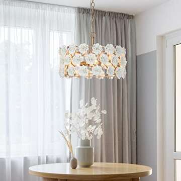 Gold Flower Chandelier, 3-Light Luxury Drum Chandelier Lighting with White Ceramic Flowers, 15.7’’ Dia Round Elegant Pendant Hanging Light Fixtures for Dining Room, Girls Room, Hallway