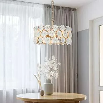 Gold Flower Chandelier, 3-Light Luxury Drum Chandelier Lighting with White Ceramic Flowers, 15.7’’ Dia Round Elegant Pendant Hanging Light Fixtures for Dining Room, Girls Room, Hallway