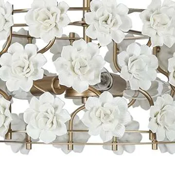 Gold Flower Chandelier, 3-Light Luxury Drum Chandelier Lighting with White Ceramic Flowers, 15.7’’ Dia Round Elegant Pendant Hanging Light Fixtures for Dining Room, Girls Room, Hallway