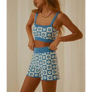 ROAONOCOMO Women Y2K Knitted 2 Piece Shorts Set Floral Print Crop Camis High Waist Short Pants Outfits Summer Streetwear