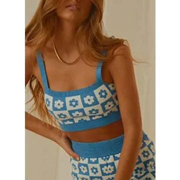 ROAONOCOMO Women Y2K Knitted 2 Piece Shorts Set Floral Print Crop Camis High Waist Short Pants Outfits Summer Streetwear