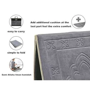 Muslim Prayer Rug - Islamic Prayer Mat Back Support - Thick Padded Islam Janamaz for Women and Men - Soft Foldable Travel Sajadah Carpet (Gray)