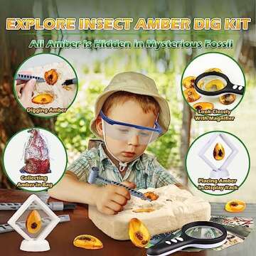 Amber Dig Kit - Insects in Resin, 8 Insects Specimens Excavation Kit, Gemstone Bugs for Kids, Fossil Bug Toys Dig Kits for Bugs Collection, Insect Toys for Boys Girls 6 and up Year Old Birthday Gifts