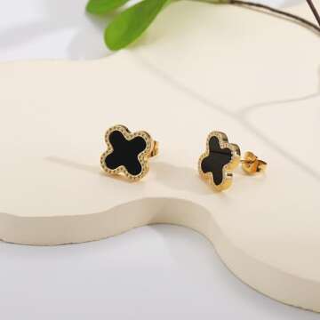 AIPPK 18K Gold Plated Clover Earrings for Women Black Van Cleef Clover Stud Earrings Four Leaf Lucky Dangle Earrings Jewelry Gifts