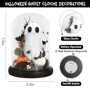 DAZONGE Ghost Halloween Decor, Halloween Ghost in Glass Dome Cloche with String Light, Adopt a Ghost for Halloween Decorations Indoor, Halloween Ghost Tabletop Decor